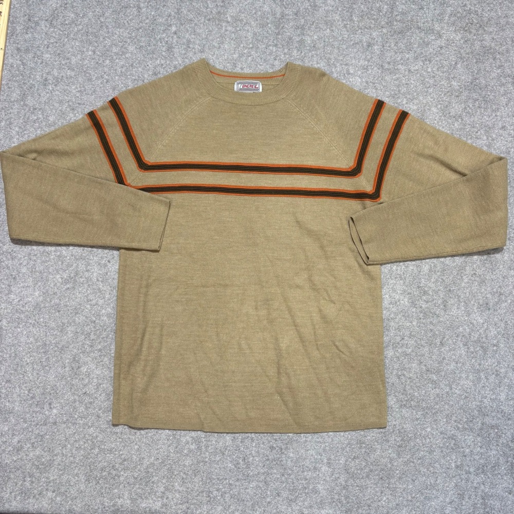 Concrete Vintage Mens Tan Knit Sweater Orange Brown Stripe Acrylic Crew Neck M